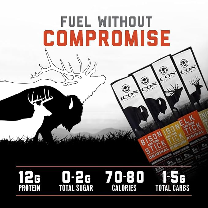 ICON Meats Original Elk & Pork sticks highlight lean protein.