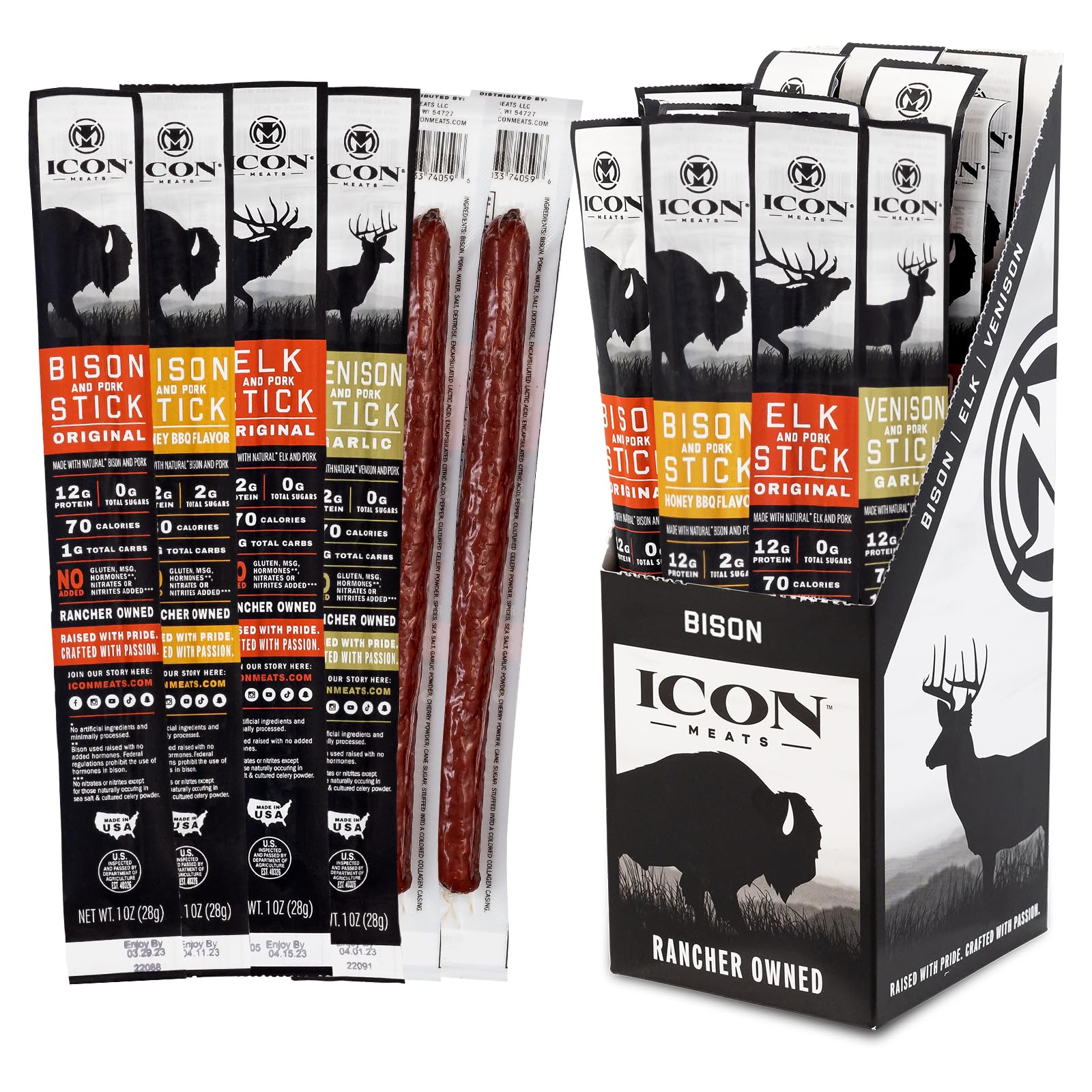 ICON Meats sampler 24-pack shows four flavors for on-the-go high-protein snacking.