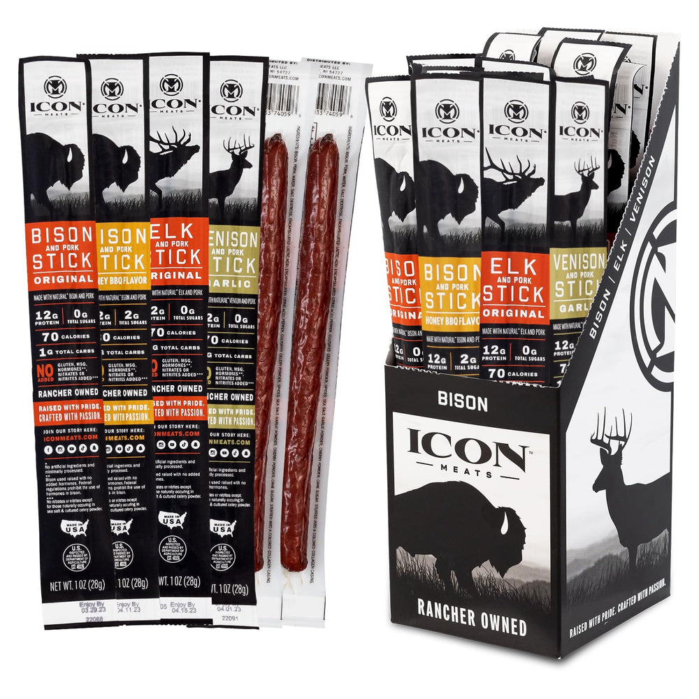 ICON Meats sampler 24-pack shows four flavors for on-the-go high-protein snacking.