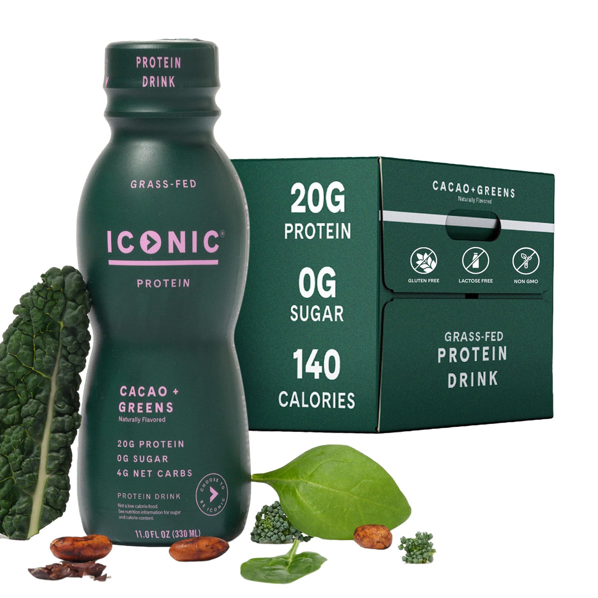 ICONIC Cacao + Greens bottle showing protein-packed nutrition on the go