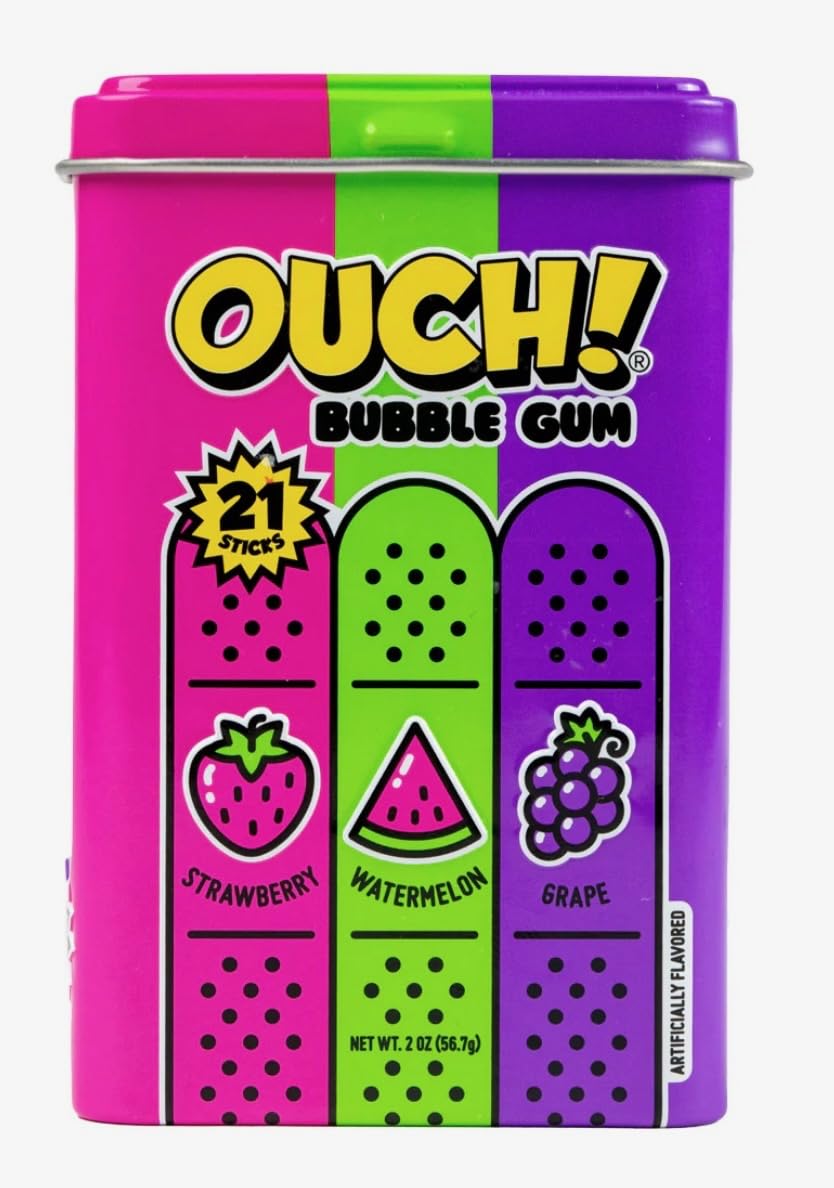 Iconic Candy OUCH! Bubble Gum tin with 21 sticks in strawberry, watermelon, grape – nostalgia and sharing.
