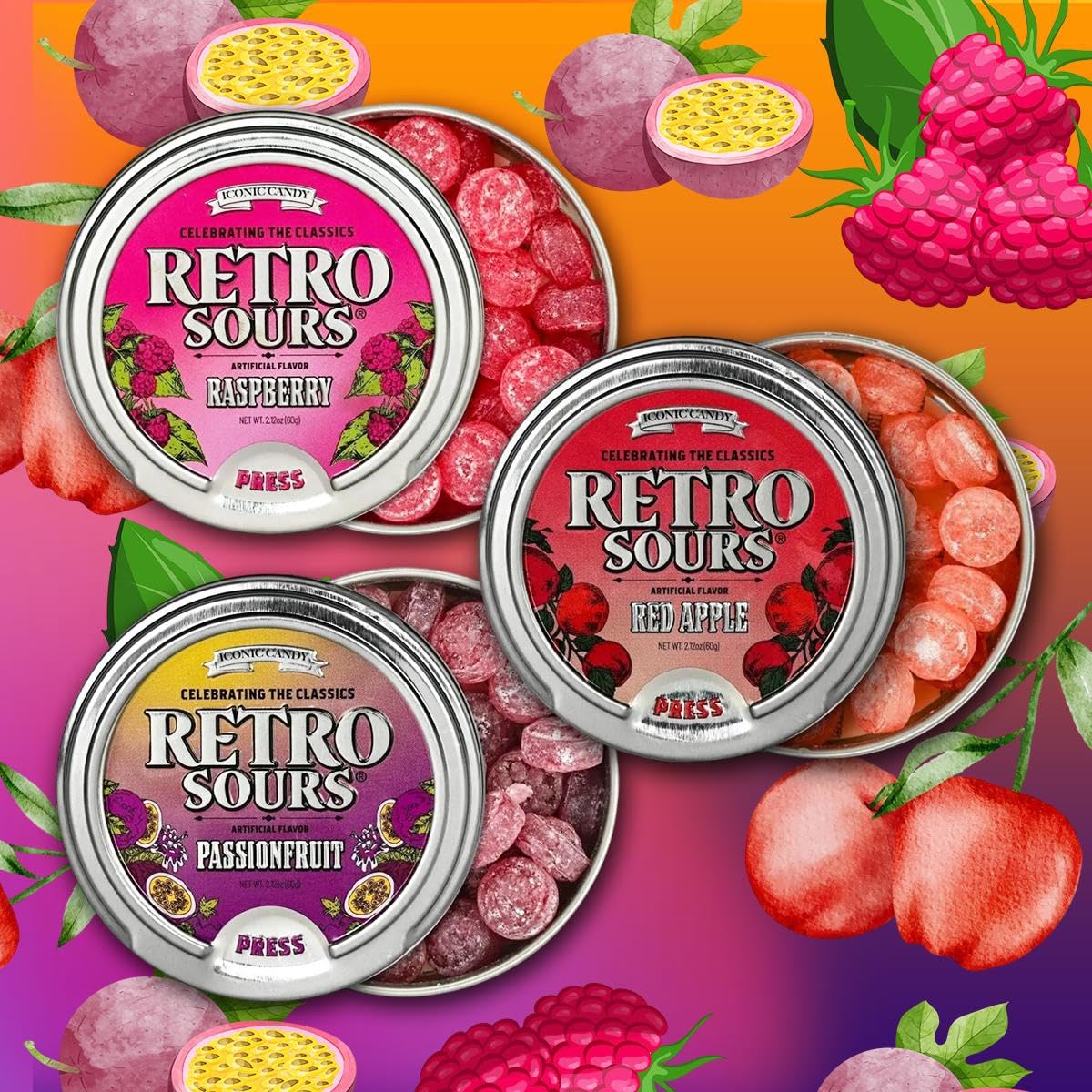 Iconic Candy Retro Sours 3-tin combo pack, ideal for gifting and sharing nostalgic flavor.