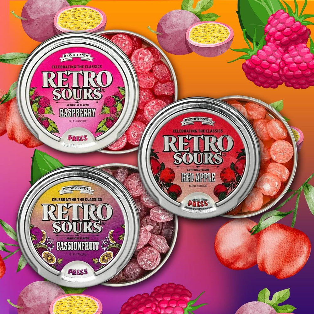 Iconic Candy Retro Sours 3-tin combo pack, ideal for gifting and sharing nostalgic flavor.