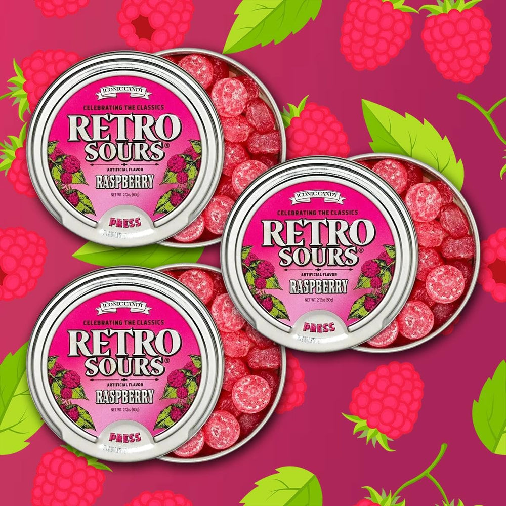 Iconic Candy Raspberry Retro Sours tin for nostalgic snacking and gifts