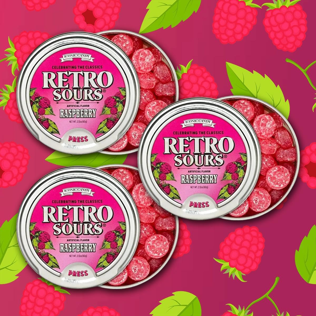 Iconic Candy Raspberry Retro Sours tin for nostalgic snacking and gifts