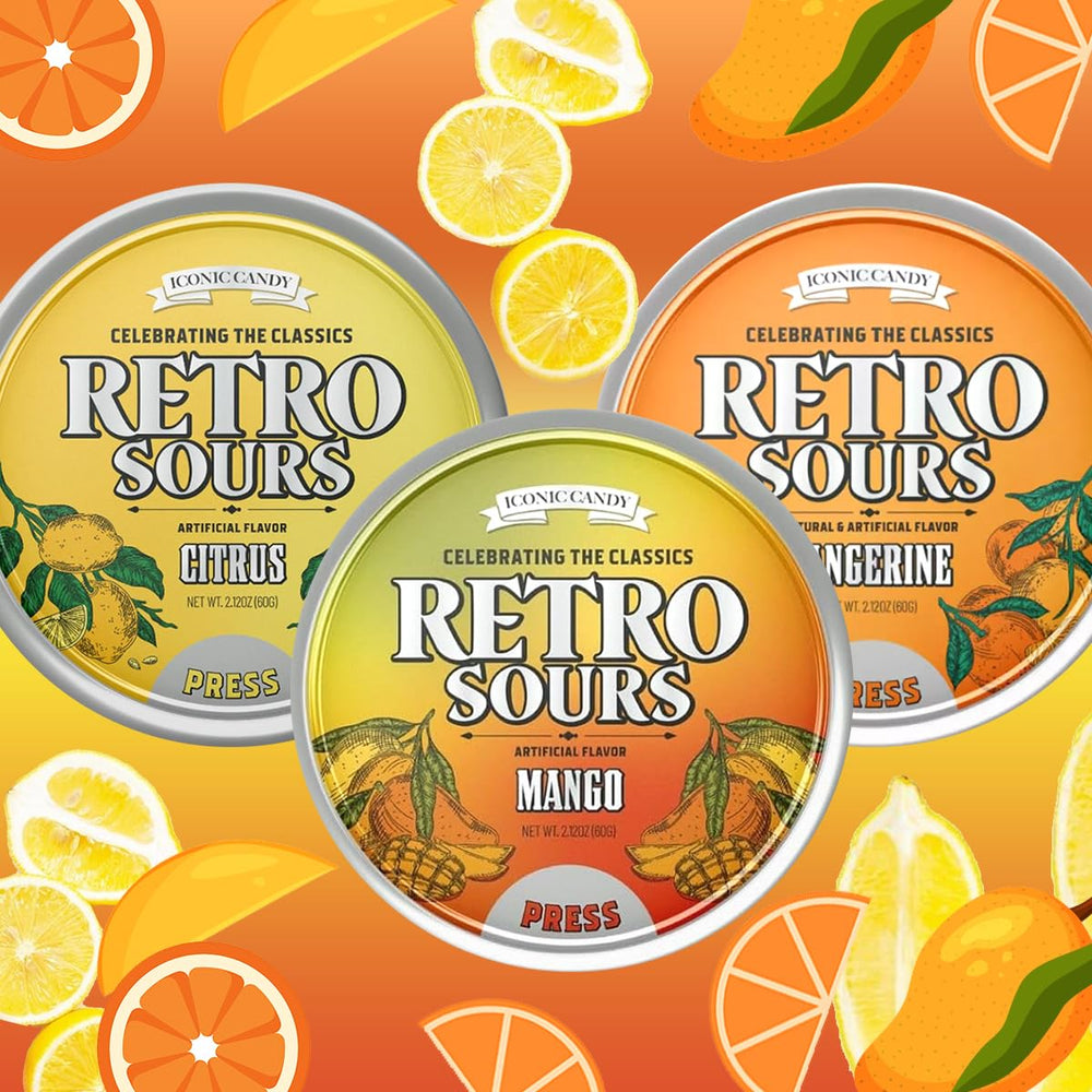 Iconic Candy Retro Sours tin display showing three nostalgic flavors, great for sharing.