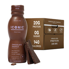 ICONIC Chocolate Truffle protein shake bottle pour highlights sugar-free, low-carb nutrition.
