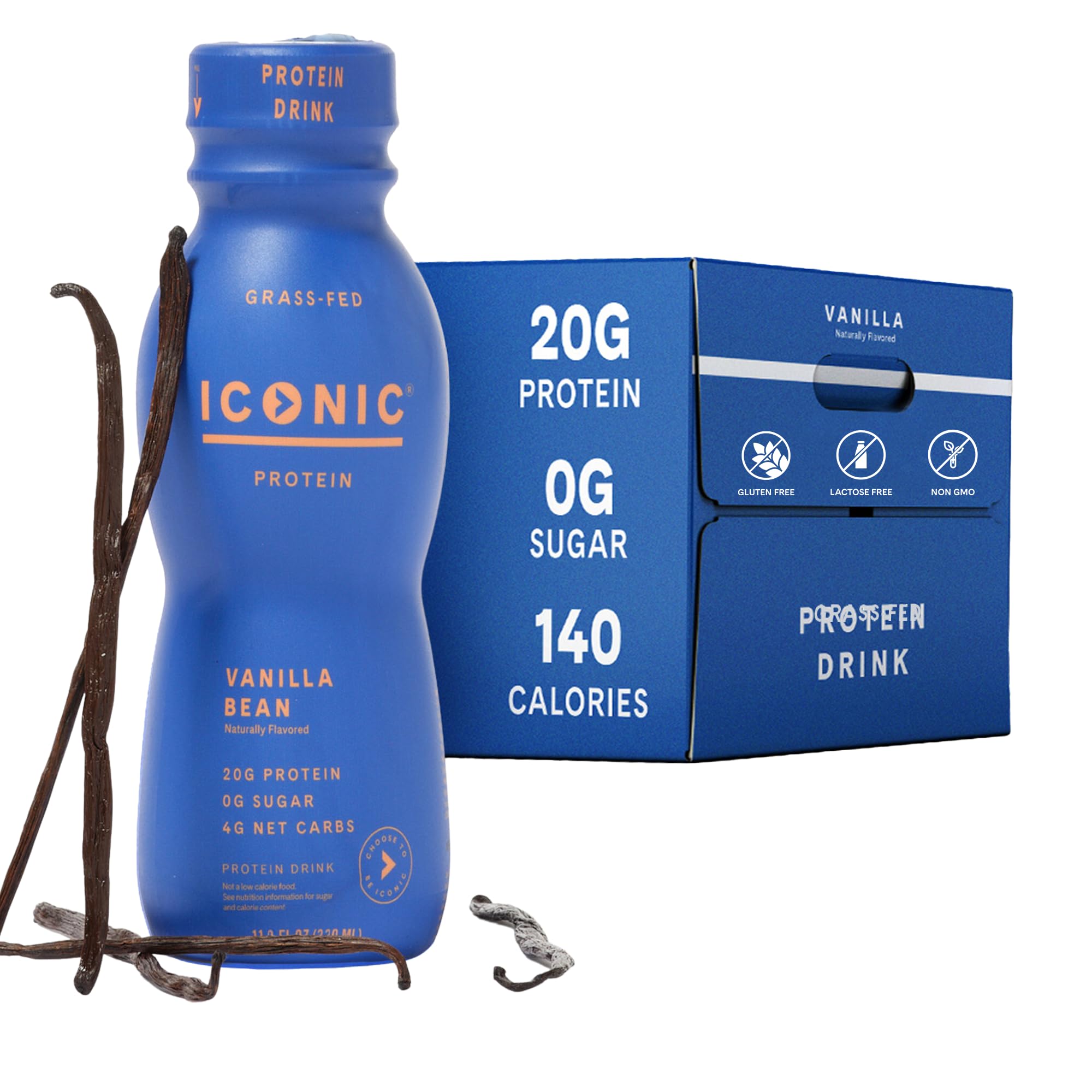 ICONIC Vanilla Bean protein bottle highlights grass-fed protein for keto-friendly nutrition.