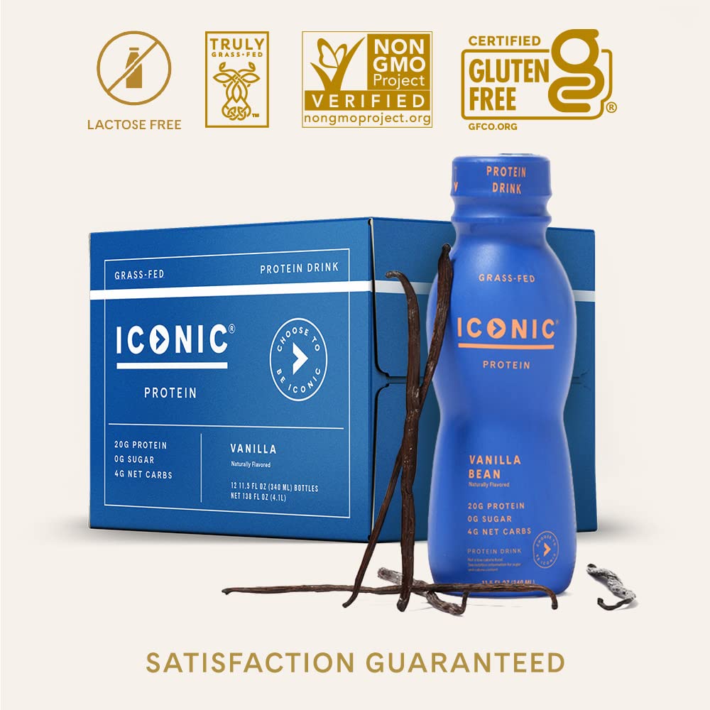 Nutrition label of ICONIC Vanilla Bean showing 20g complete protein per serving.