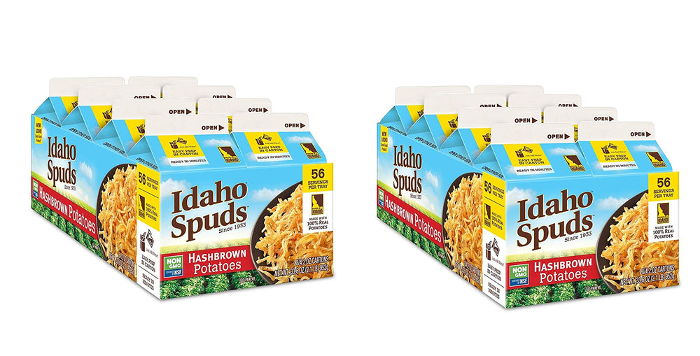 Idaho Spuds Premium Hashbrown box with eight 4.2 oz servings, ideal for quick breakfasts.