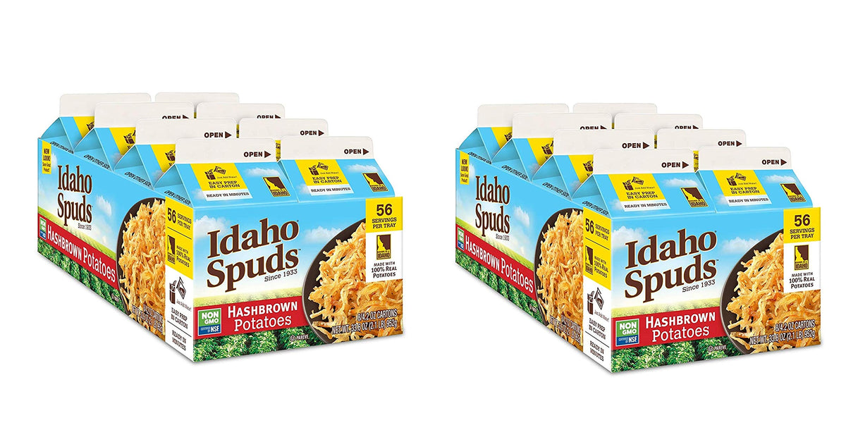 Idaho Spuds Premium Hashbrown box with eight 4.2 oz servings, ideal for quick breakfasts.