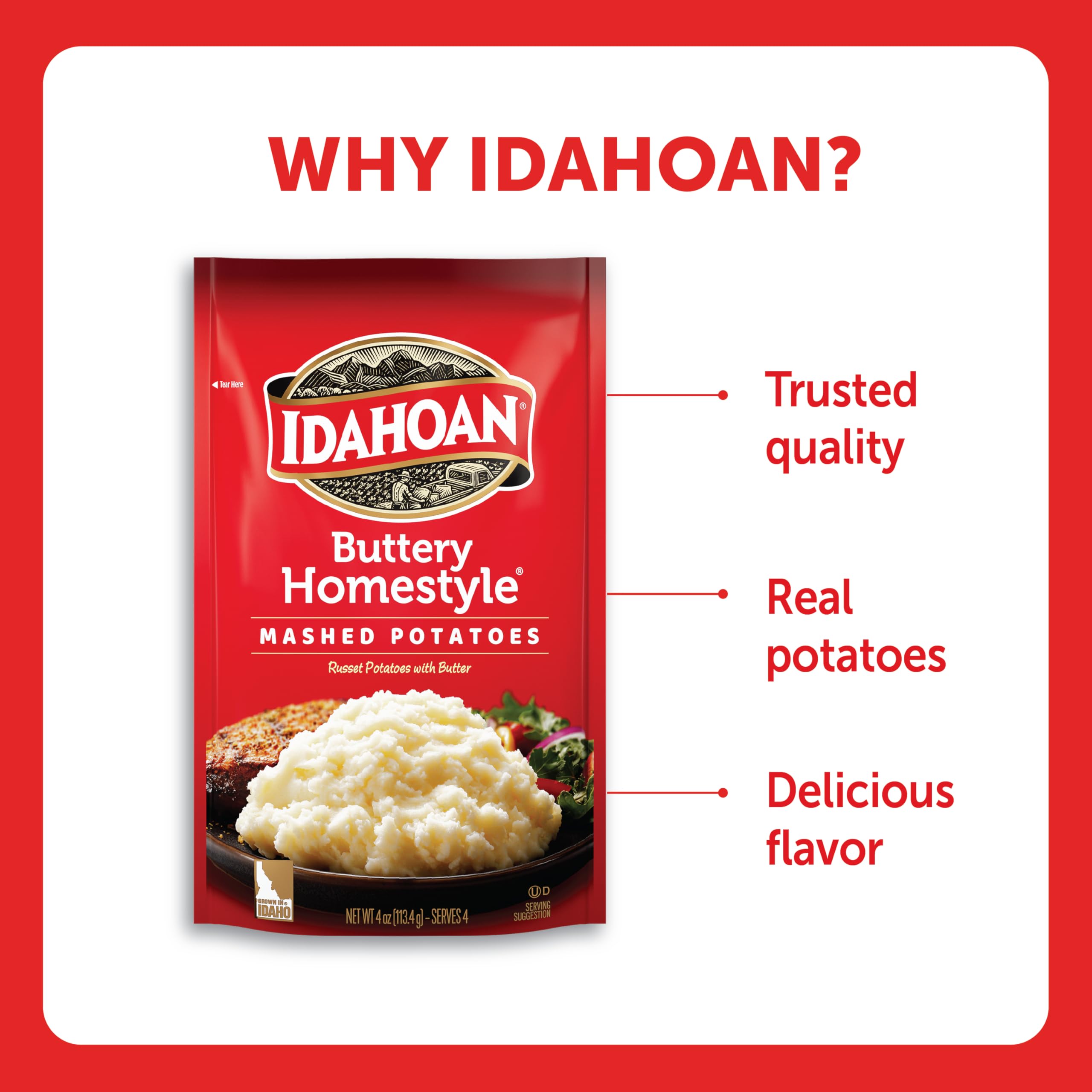 Idahoan Buttery Homestyle Mashed Potatoes topped with chives for color and aroma.
