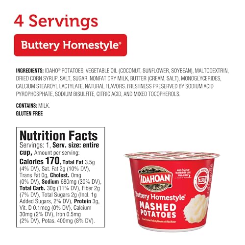 Idahoan mashed potatoes cup microwaves in 90 seconds for fast side dishes.