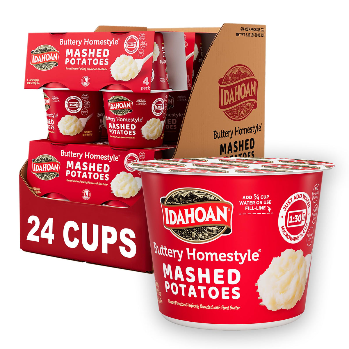 Idahoan Buttery Homestyle Mashed Potatoes Cup ready-to-serve in minutes for quick meals.