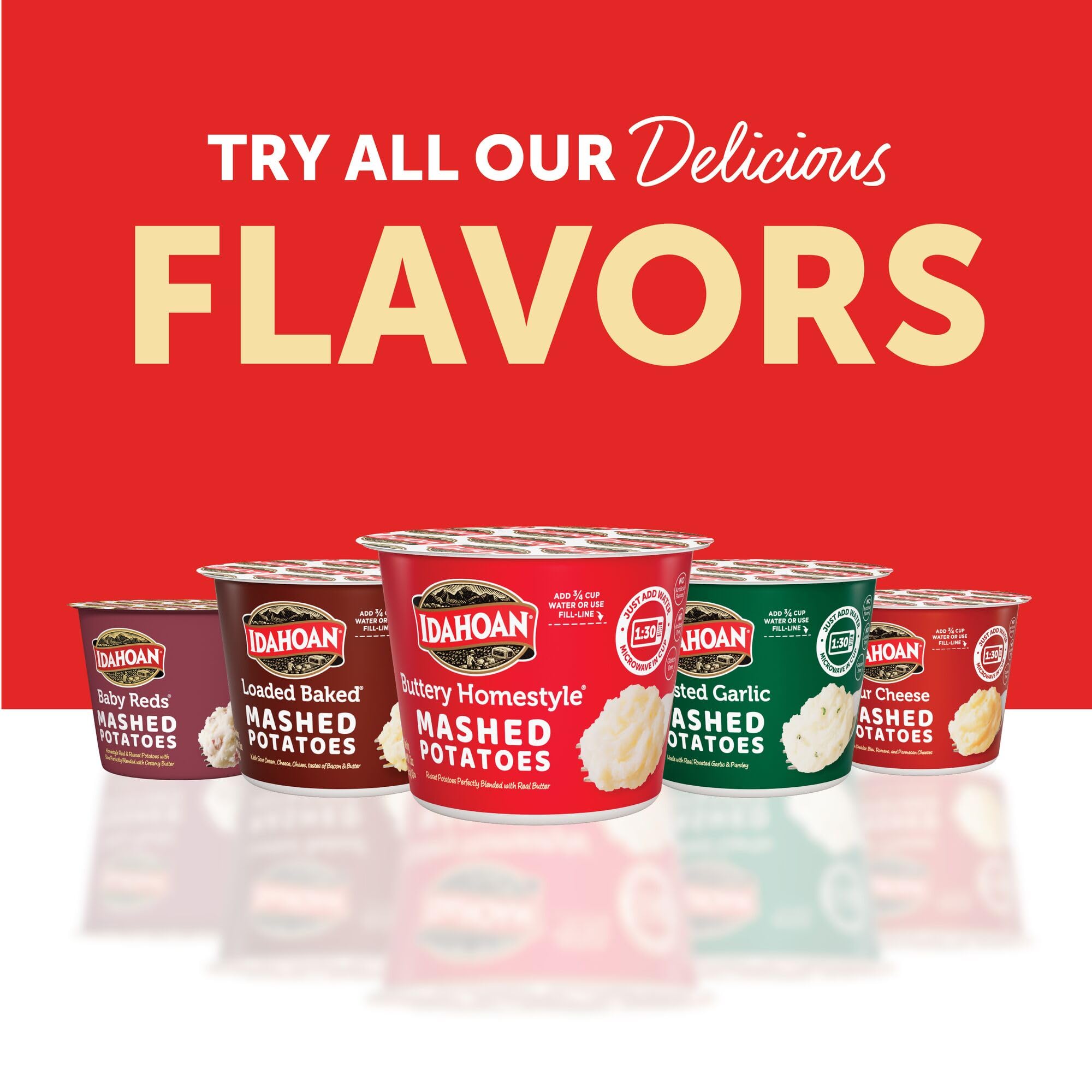 Idahoan Buttery Homestyle Mashed Potatoes Cup pairs with meats or vegetables.