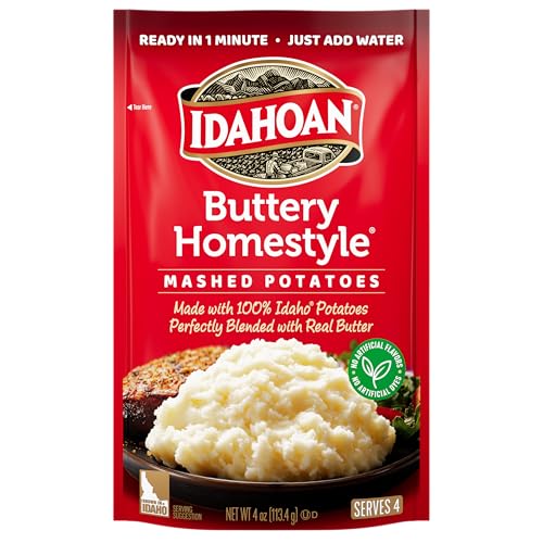 Idahoan Buttery Homestyle Mashed Potatoes shown with milk and butter for creaminess.