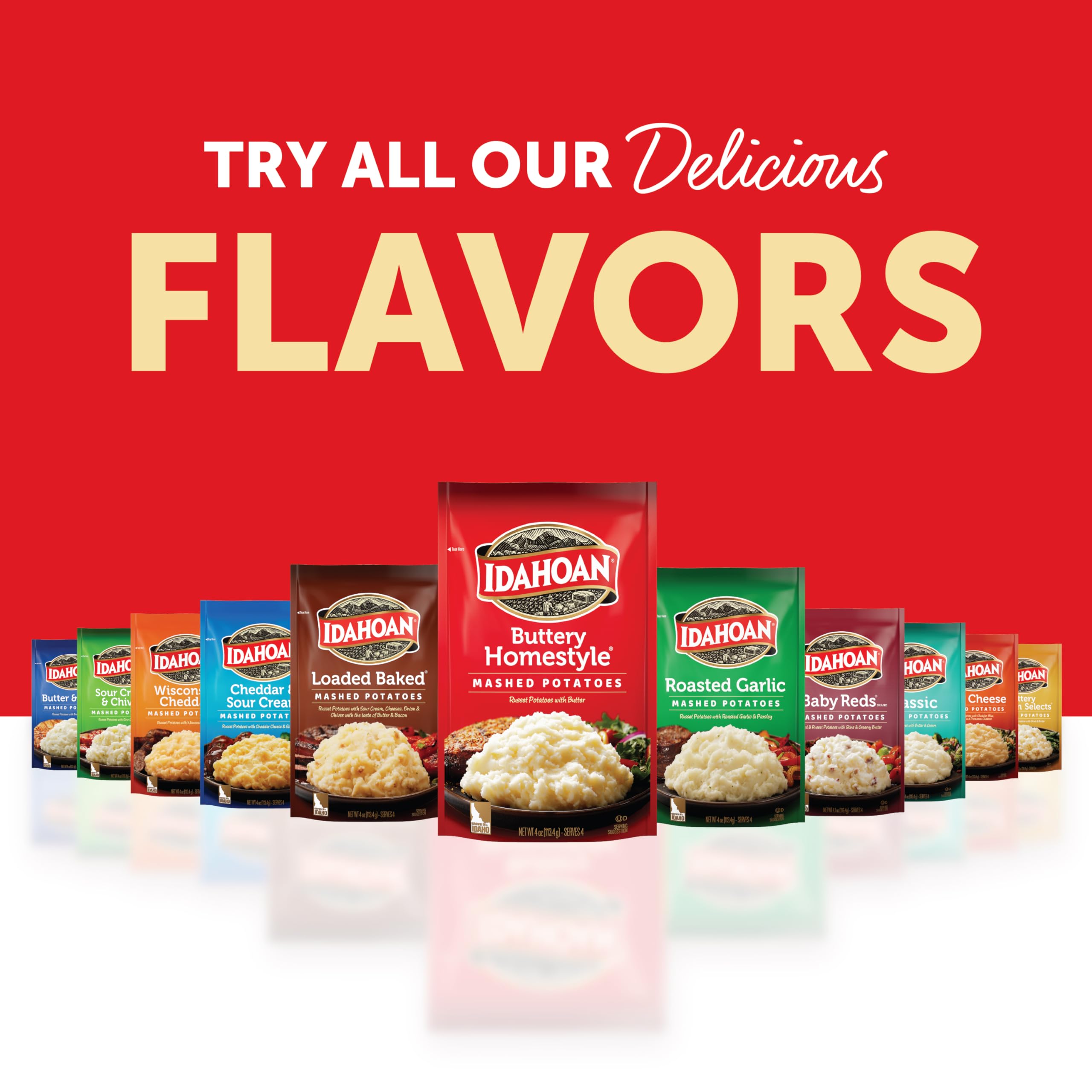 Package display of Idahoan Buttery Homestyle Mashed Potatoes in a 12-pack.