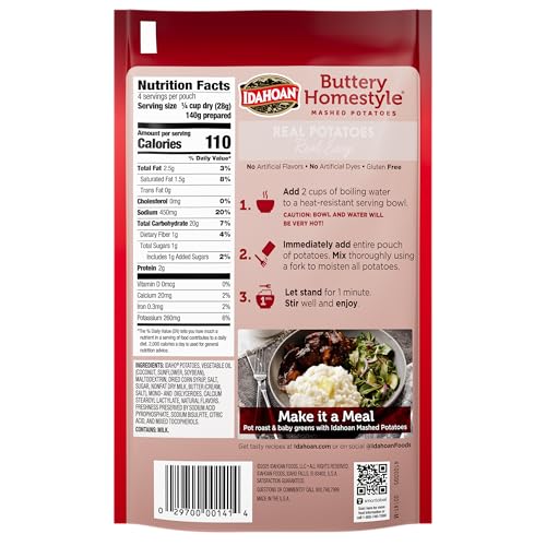 Idahoan Buttery Homestyle Mashed Potatoes close-up highlights real Idaho potatoes.