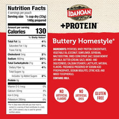 Idahoan Buttery Homestyle +Protein Mashed Potatoes serving cup shows protein-rich side.
