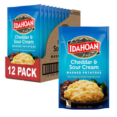 Idahoan Cheddar & Sour Cream mashed potatoes pack front showing 12 pouches for quick meals.