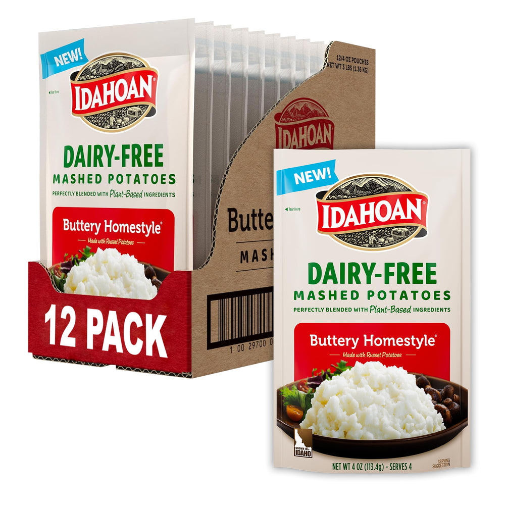 Idahoan Dairy-Free Mashed Potatoes 12-pack pouches for quick, dairy-free side dishes.