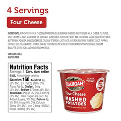 Idahoan Four Cheese Cups back label highlights gluten-free and quick prep.