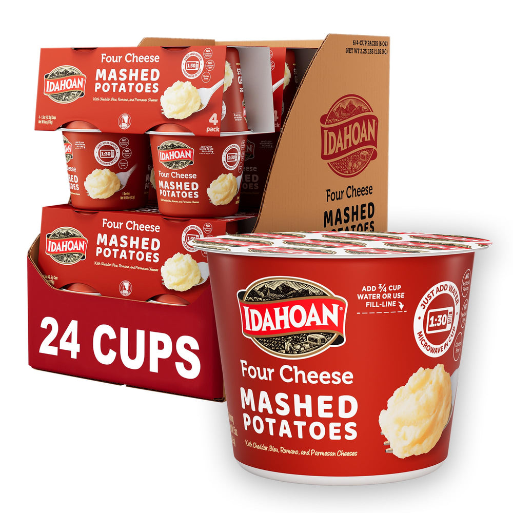Idahoan Four Cheese Cups pack front view, a quick weeknight dinner option.