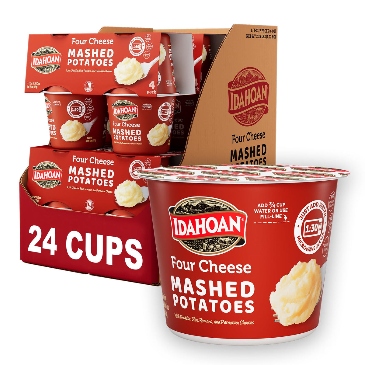 Idahoan Four Cheese Cups pack front view, a quick weeknight dinner option.