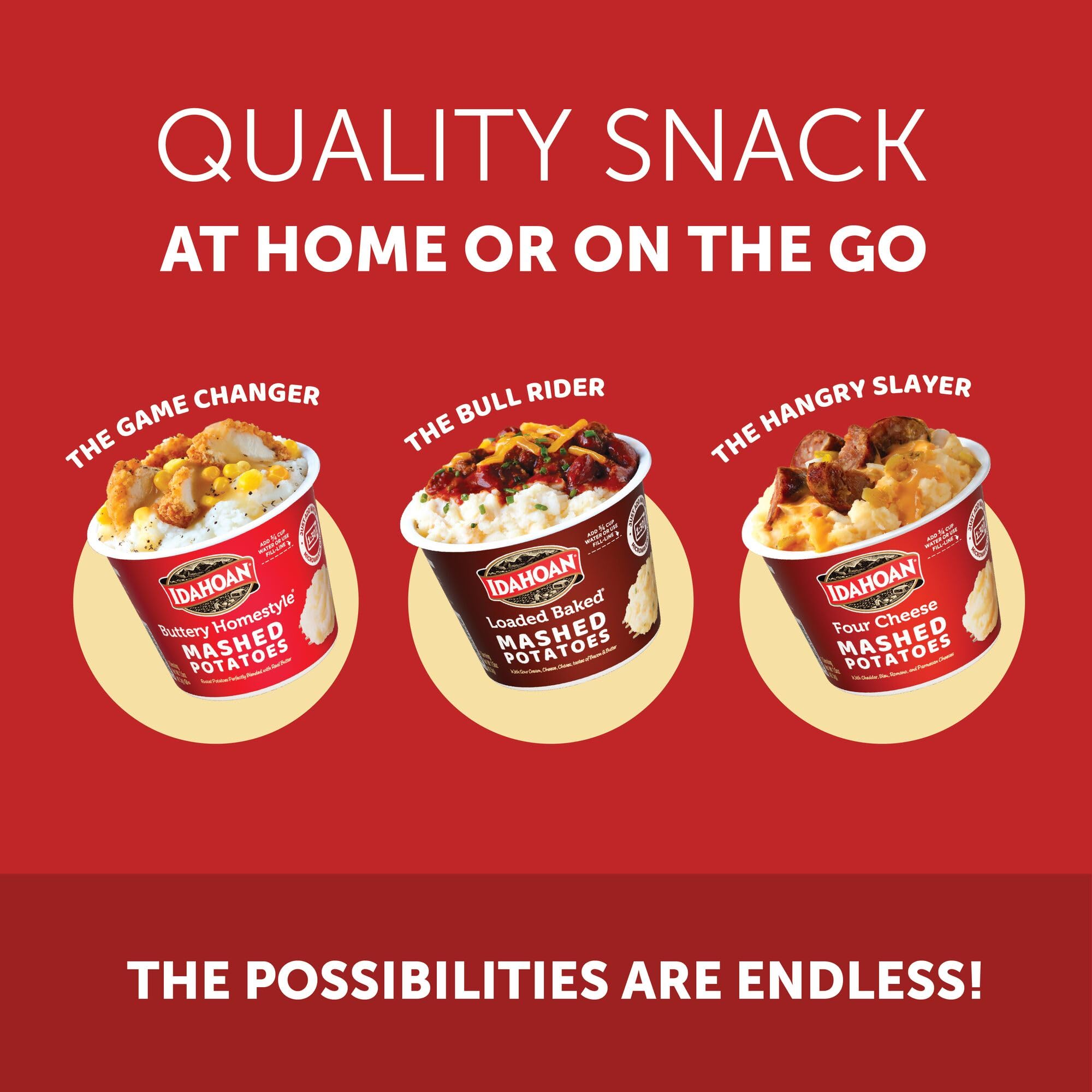 Idahoan Four Cheese Cups served with butter and milk nearby for easy prep.