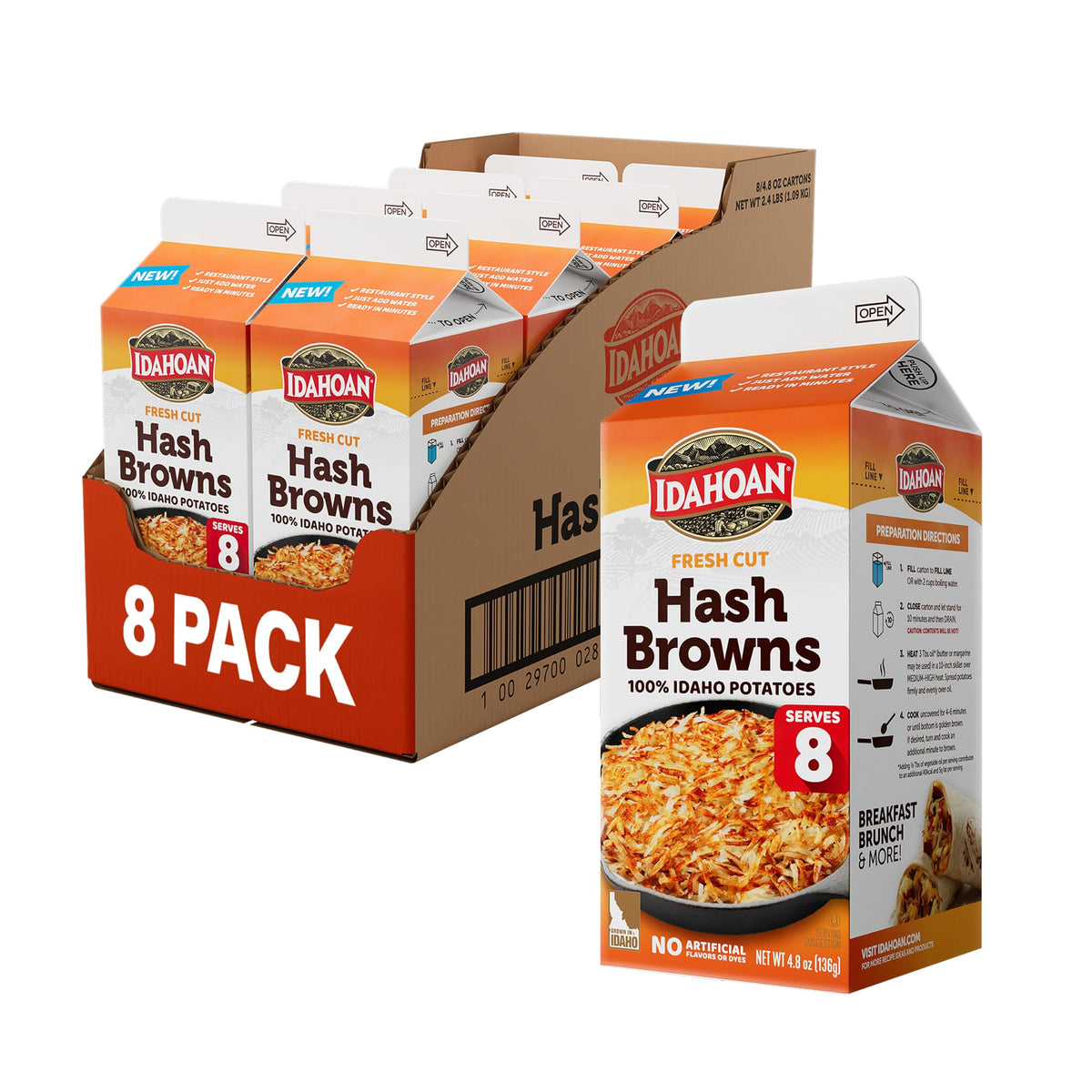 Idahoan Fresh Cut Hash Browns carton front showing eight servings for quick meals
