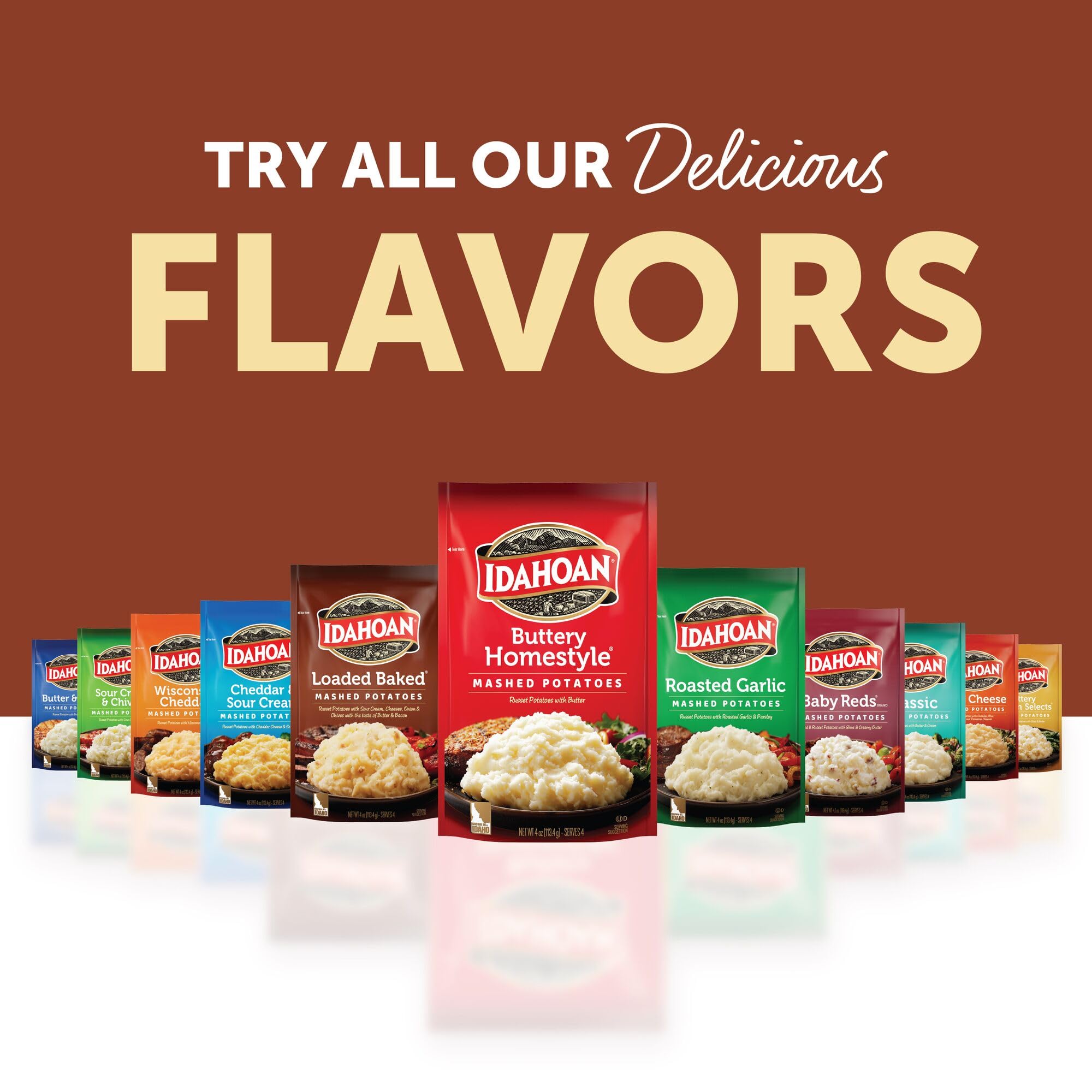 Idahoan Loaded Baked Mashed Potatoes with cheese and bacon flavor.