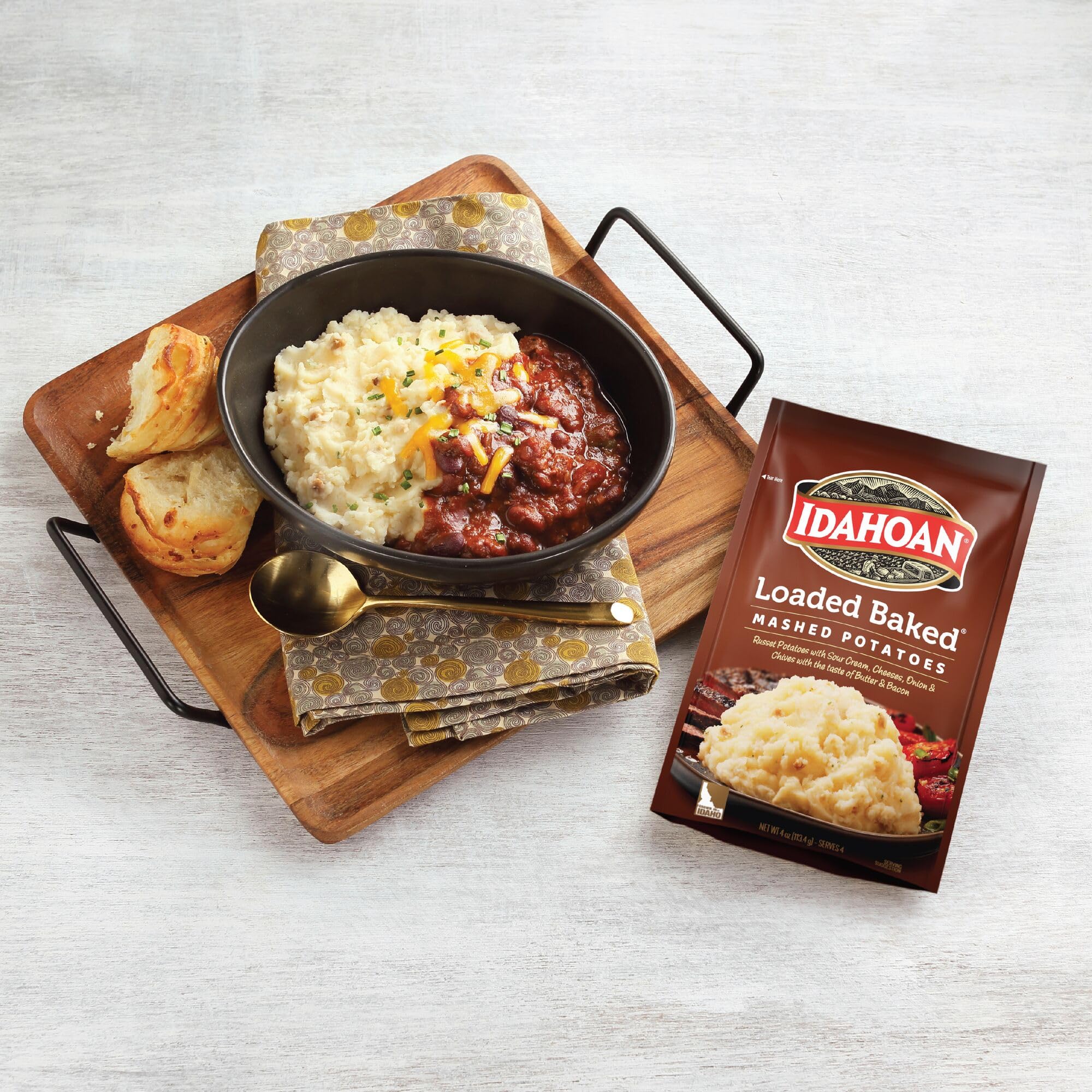 Idahoan Loaded Baked Mashed Potatoes gluten-free option in convenient pouches.
