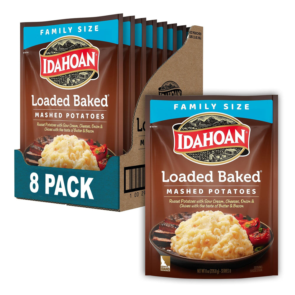 Idahoan Loaded Baked Mashed Potatoes pack of 8 pouches for quick family meals.