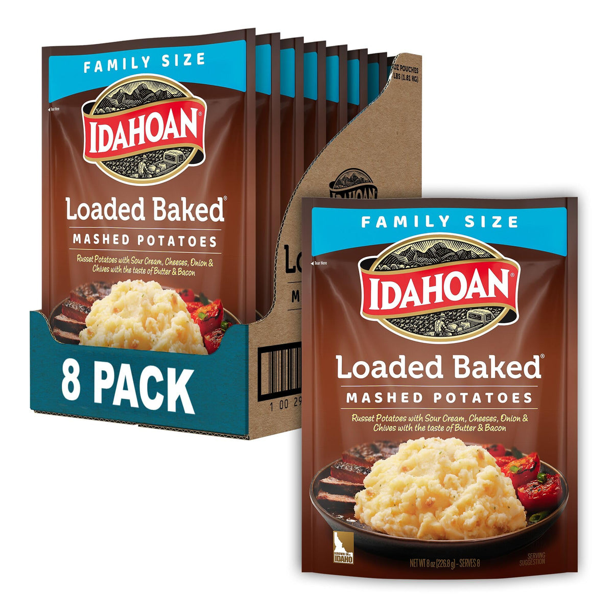 Idahoan Loaded Baked Mashed Potatoes pack of 8 pouches for quick family meals.