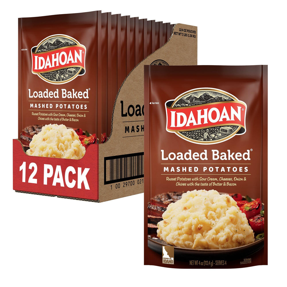 Idahoan Loaded Baked Mashed Potatoes packaging on shelf for quick meals.