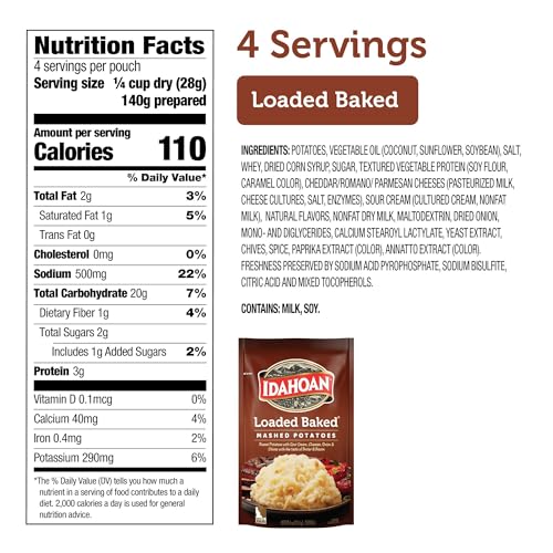 Idahoan Loaded Baked Mashed Potatoes pouch opened to reveal creamy mash.