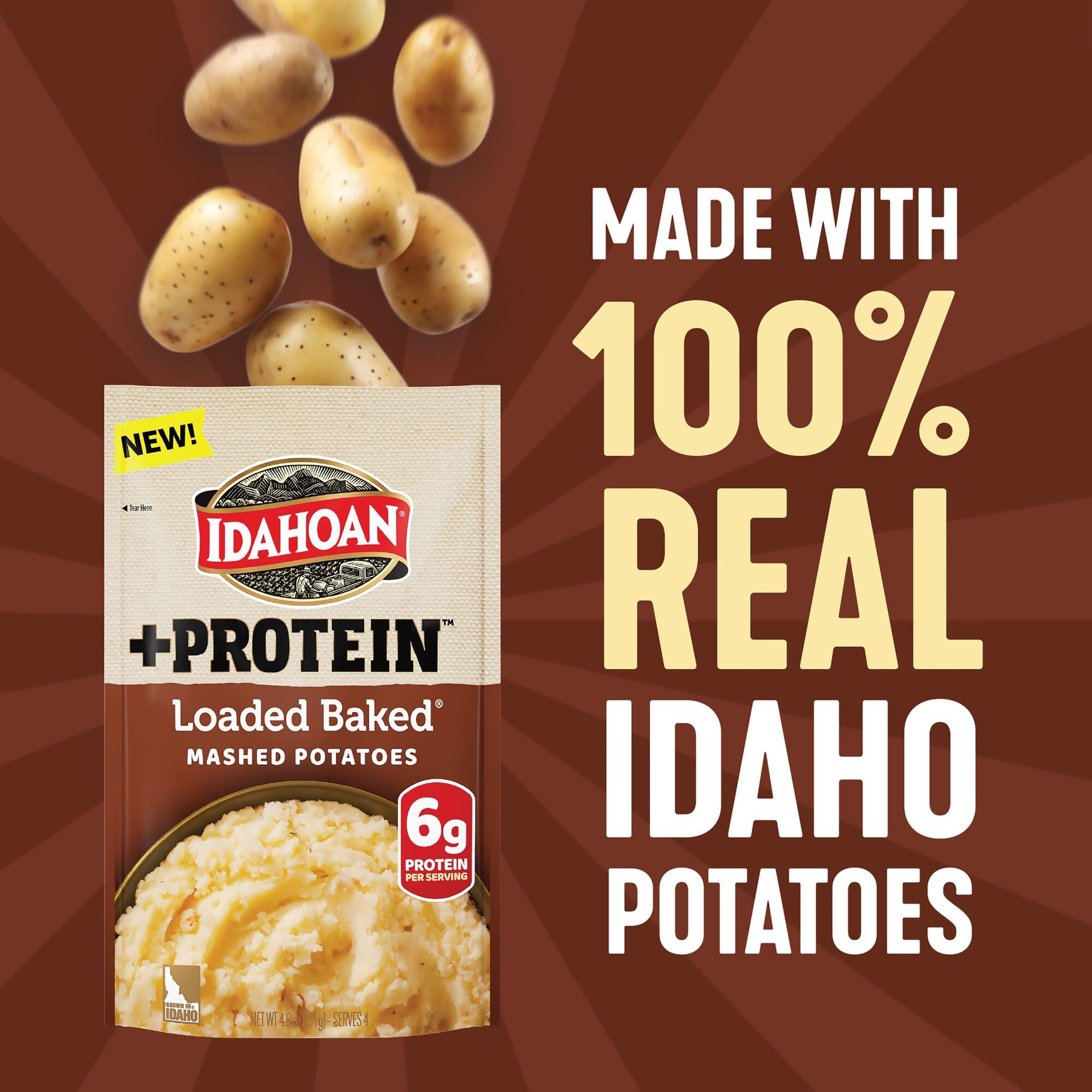 Idahoan Loaded Baked +Protein mashed close-up of cheddar and bacon flavors.