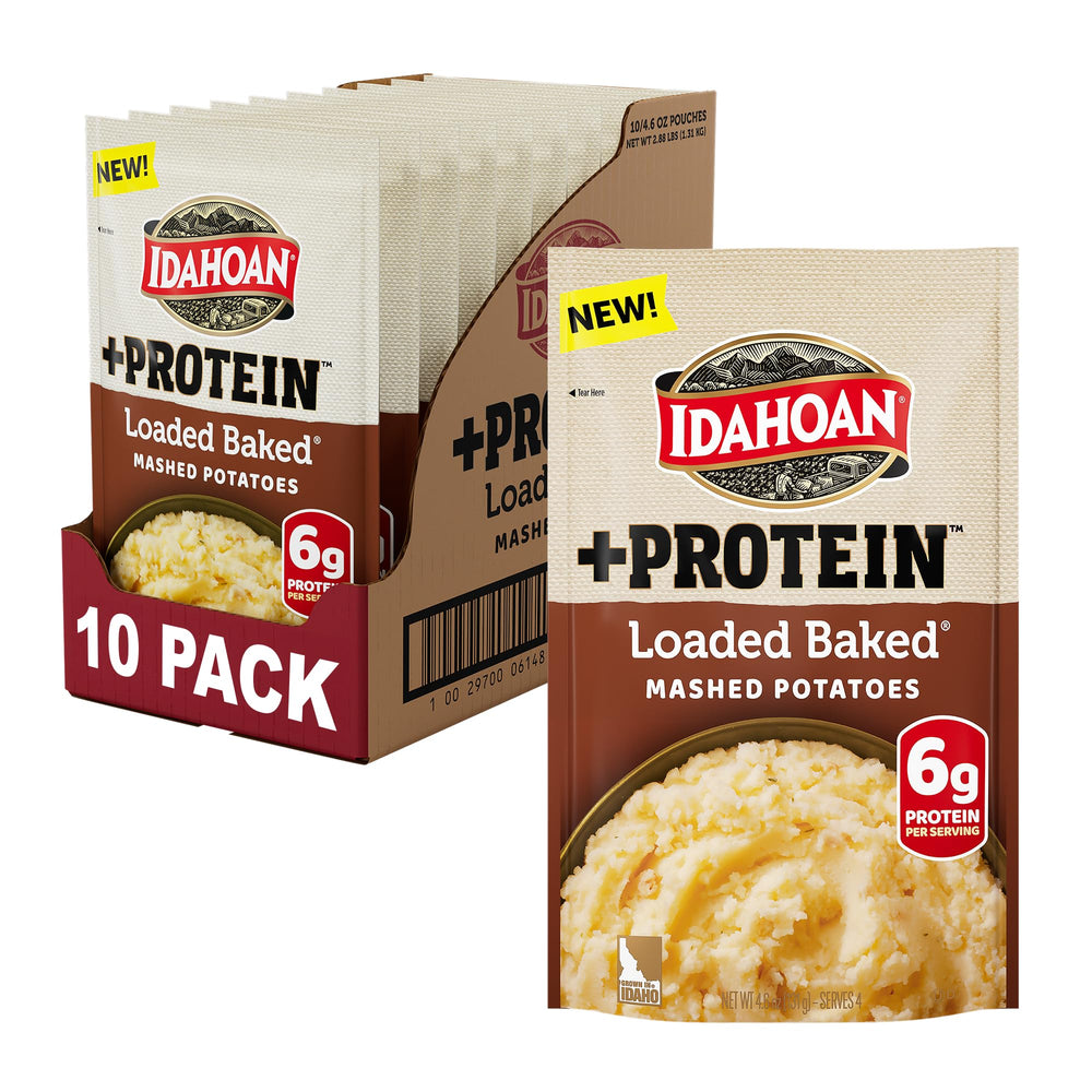 Idahoan Loaded Baked +Protein mashed pouch ready to heat for a protein-rich side.