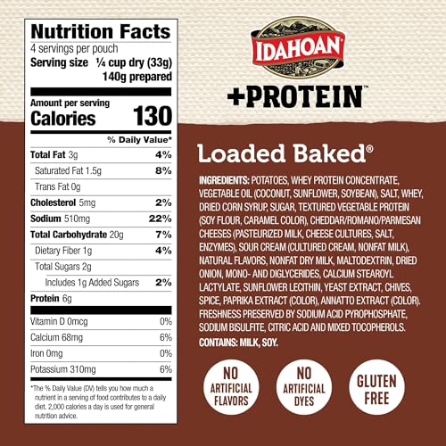 Idahoan Loaded Baked +Protein mashed steaming bowl, creamy texture at a moment's notice.