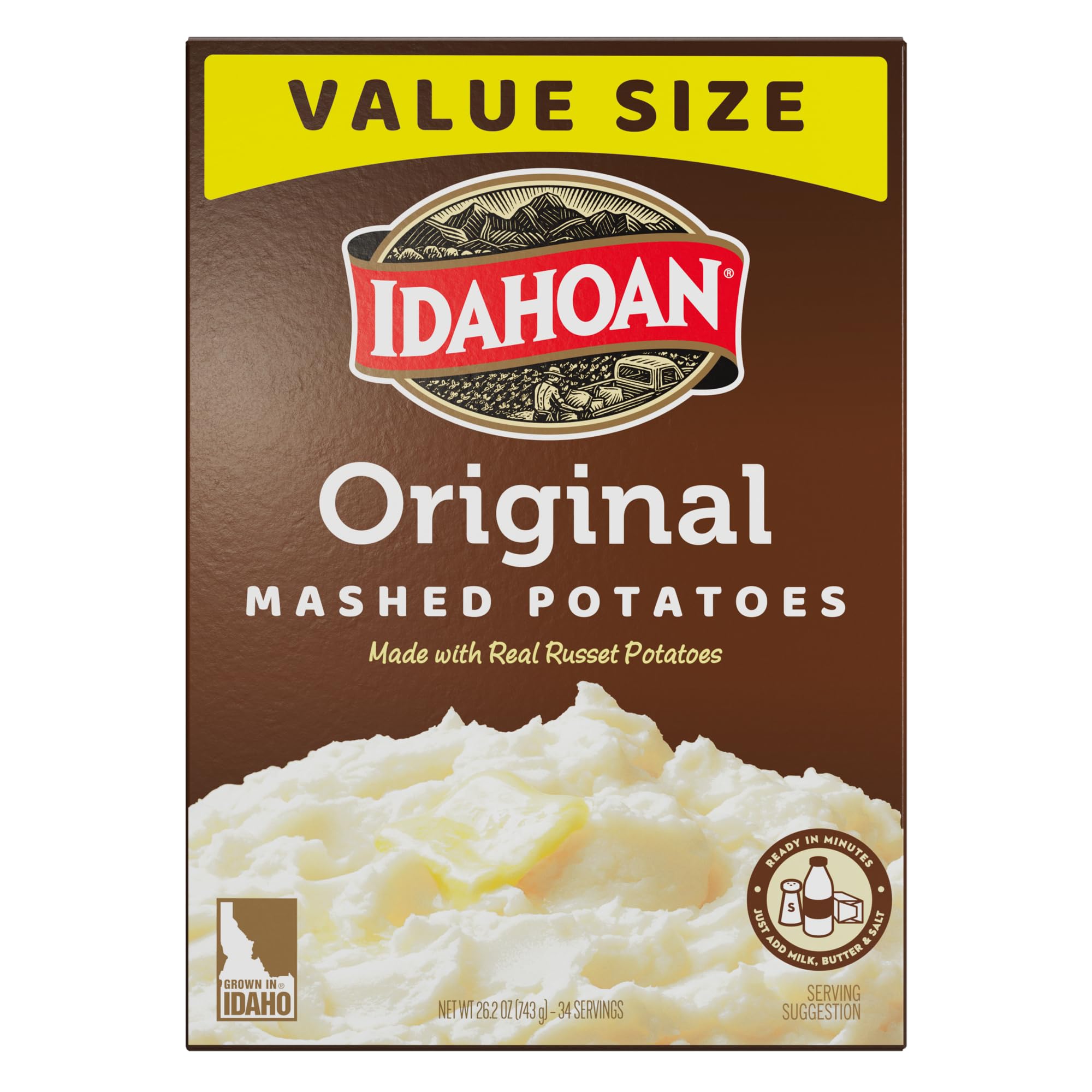 Idahoan Original mashed potatoes box front highlighting value pack for quick family meals.