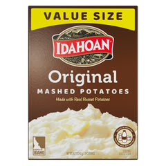 Idahoan Original mashed potatoes box front highlighting value pack for quick family meals.