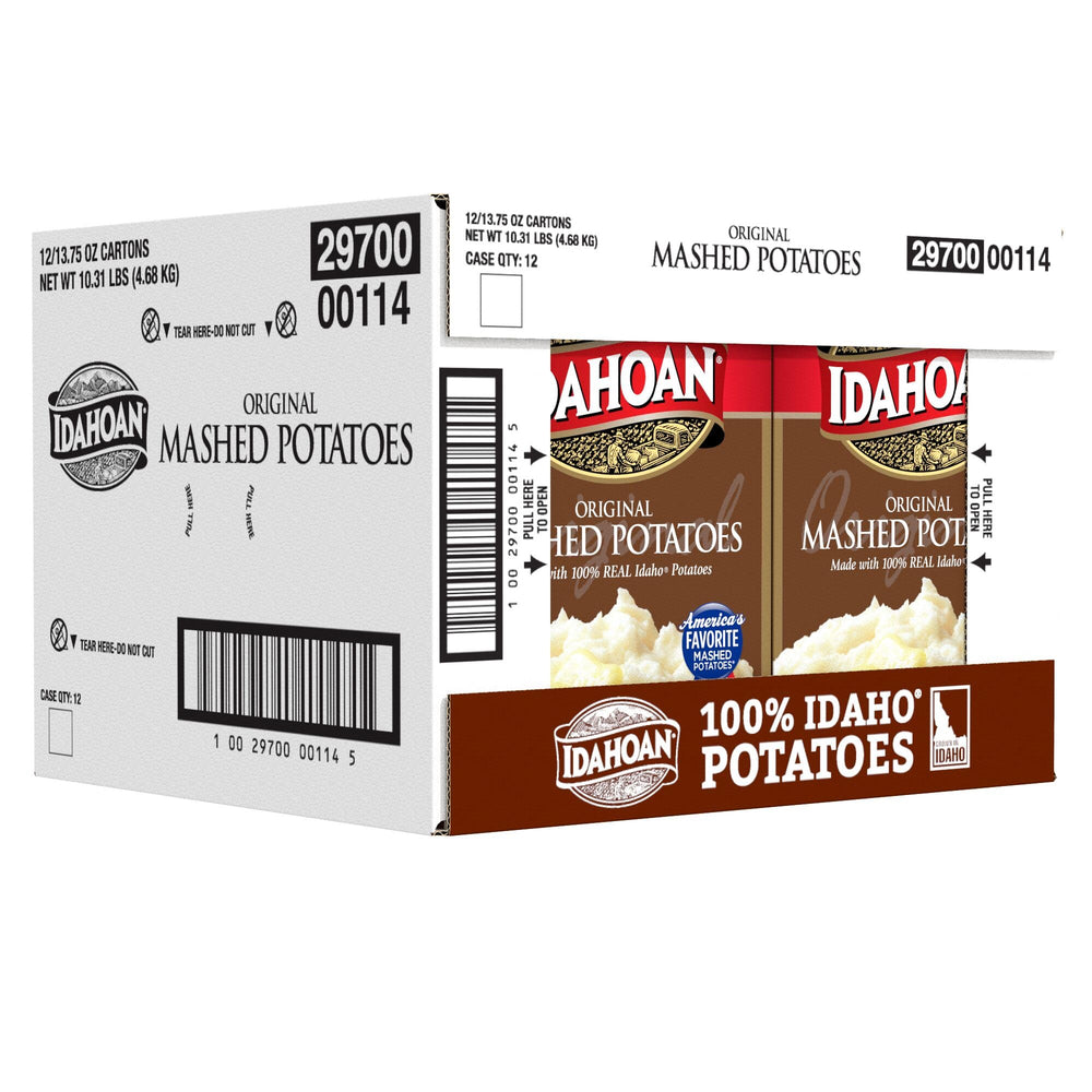 Idahoan Original mashed potato flakes close-up highlighting 100% real Idaho potatoes for richer texture.