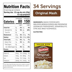 Idahoan Original mashed potatoes packaging back with serving directions and gluten-free convenience.