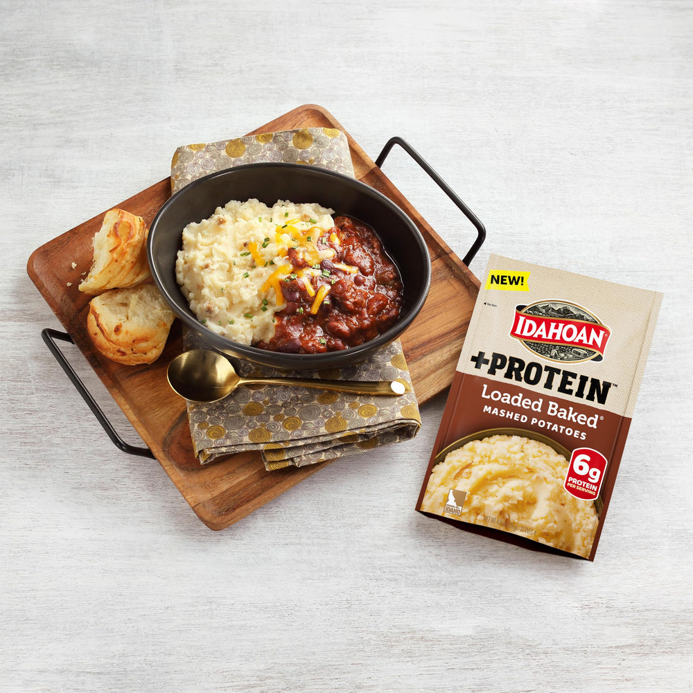 Idahoan packaging display with 10 pouches for quick protein-rich servings.