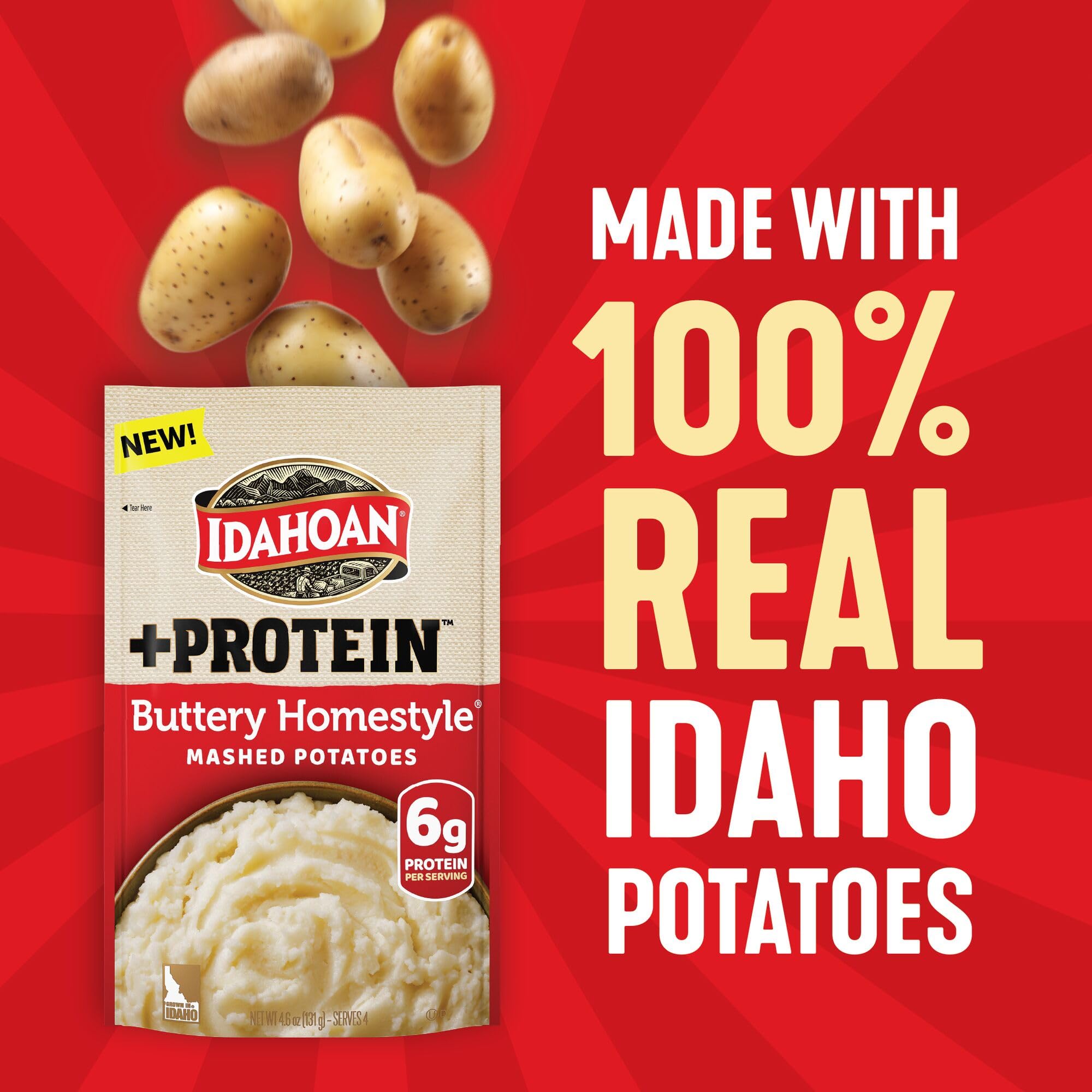 Idahoan Protein Mashed Potatoes bowl highlights creamy texture and ease.