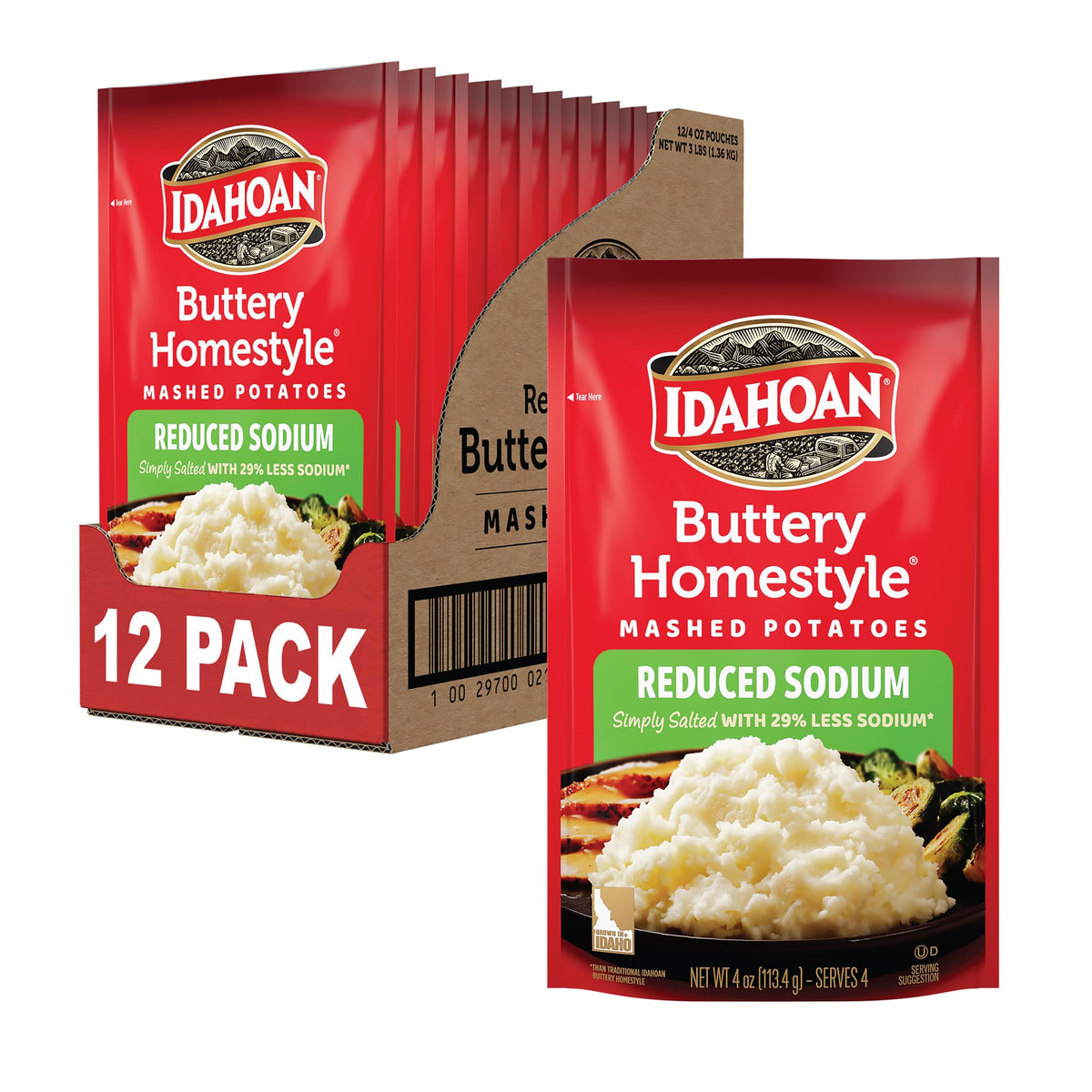 Idahoan Reduced Sodium Mashed Potatoes Buttery Homestyle pack shot, quick family meals.
