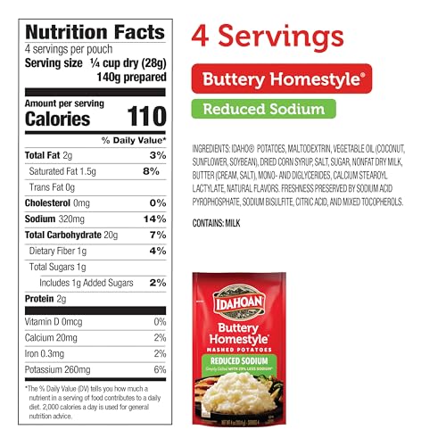 Idahoan Reduced Sodium Mashed Potatoes Buttery Homestyle pouch close-up.