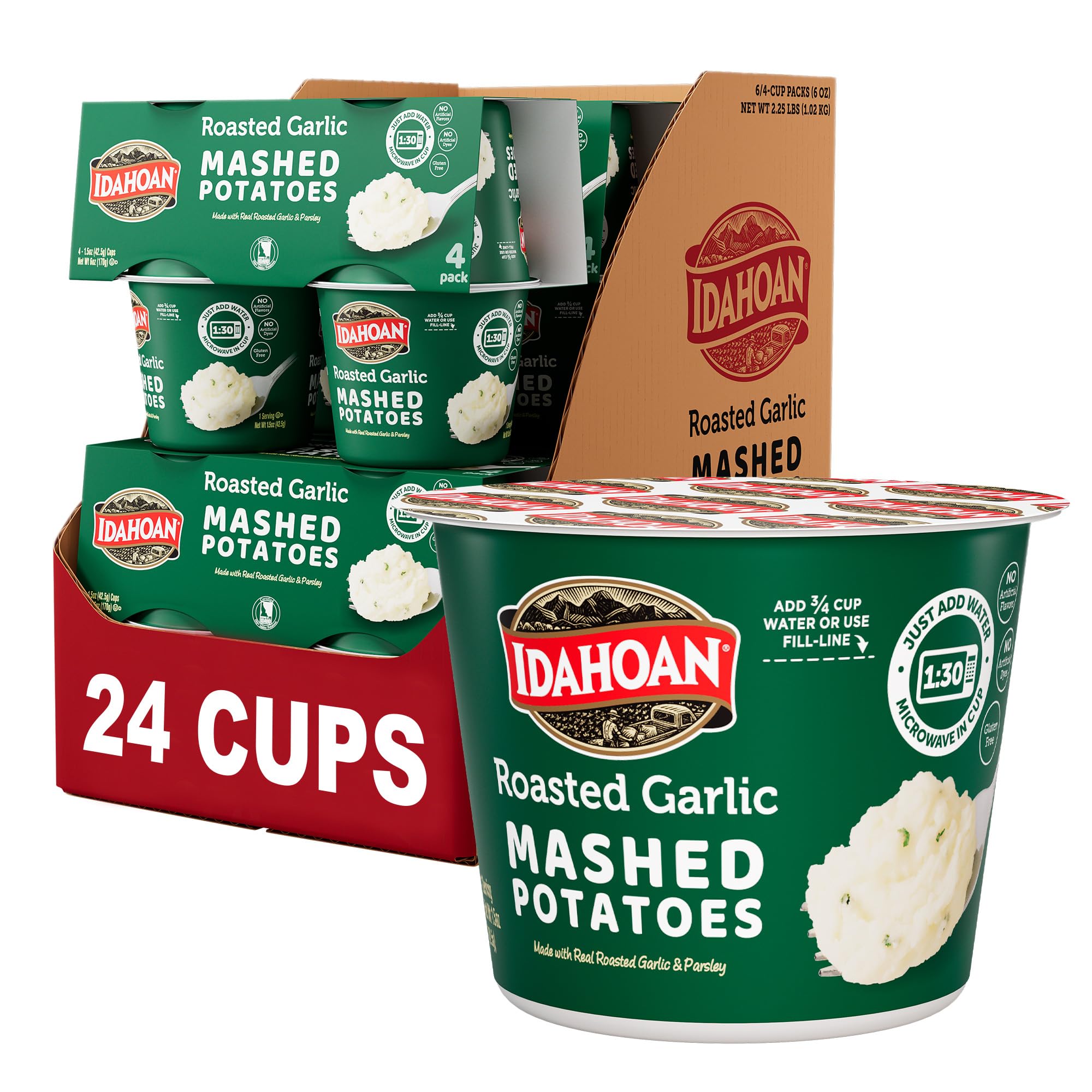 Idahoan Roasted Garlic cups in front view, quick and reliable sides.