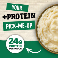 Idahoan Roasted Garlic +Protein Mashed Potatoes close-up shows creamy texture.