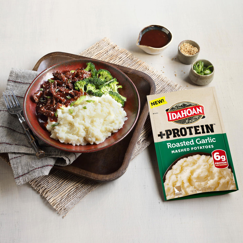 Idahoan Roasted Garlic +Protein Mashed Potatoes gluten-free label on package.